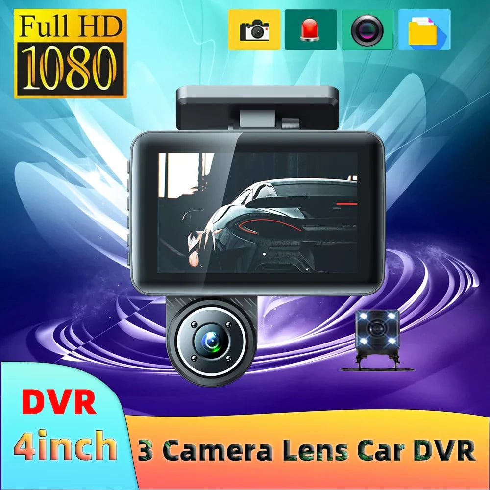 Dcenta 3 Cameras Dash Cam 4in Clear Car Rearview Mirror Car Video Recording Camcorder Wide Angle Car Camera Recorder Auto Safety Driving Recorder