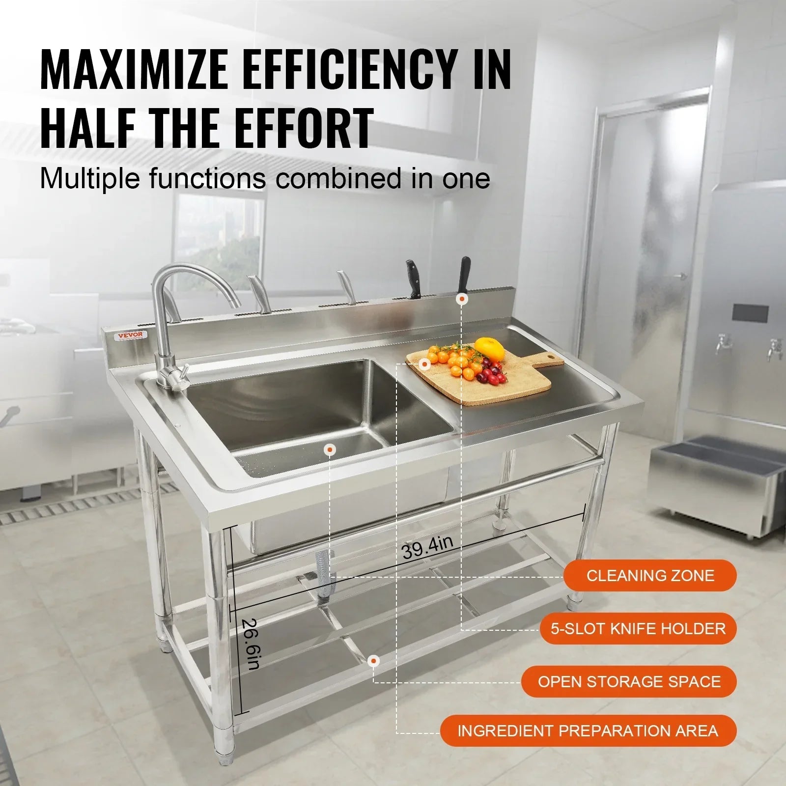 BENTISM Stainless Steel Utility Sink Single Bowl w/Workbench 39.4 x 19.1 x 37.4 in