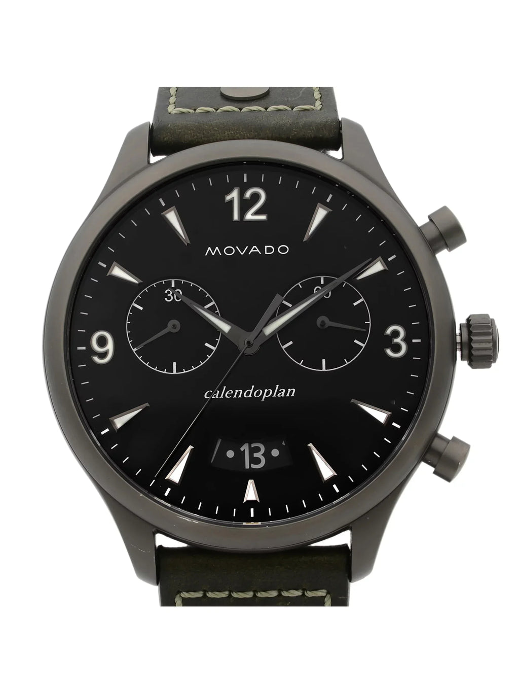 Movado Heritage Gunmetal Steel Green Leather Black Dial Quartz Watch 3650029 Pre-Owned