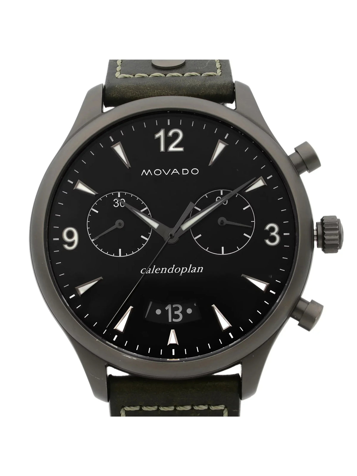 Movado Heritage Gunmetal Steel Green Leather Black Dial Quartz Watch 3650029 Pre-Owned