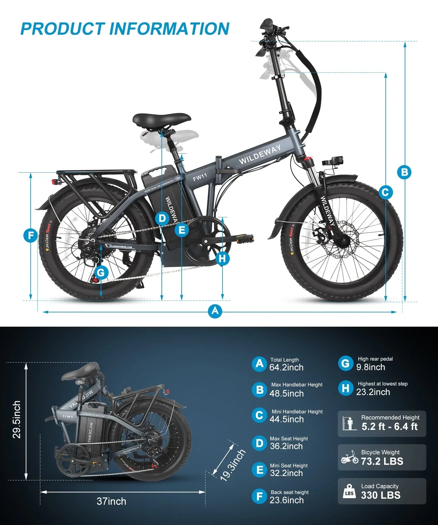 Wildeway Folding Electric Bicycle for Adults ,750w Motor，48v 32ah Removable Battery , 7 Speeds, 20×3.0 Fat Tire Snow Mountain Beach City Ebike