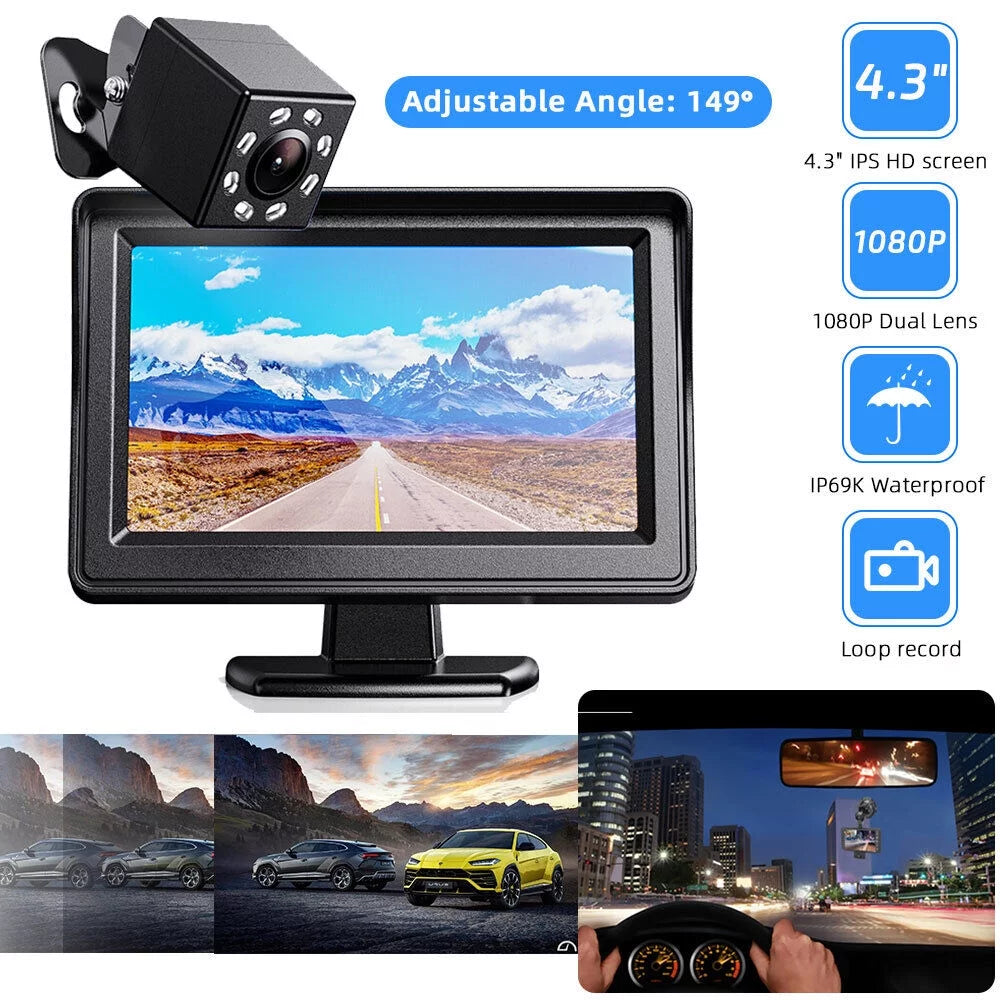 Backup Camera 4.3 Inch HD 720P Car Backup Camera for Cars, Trucks, Pickups, Suvs Easy Installation Waterproof Night Vision 8 LED Rear Backup Camera One Power System Reverse/Continuous Use Grid Lines