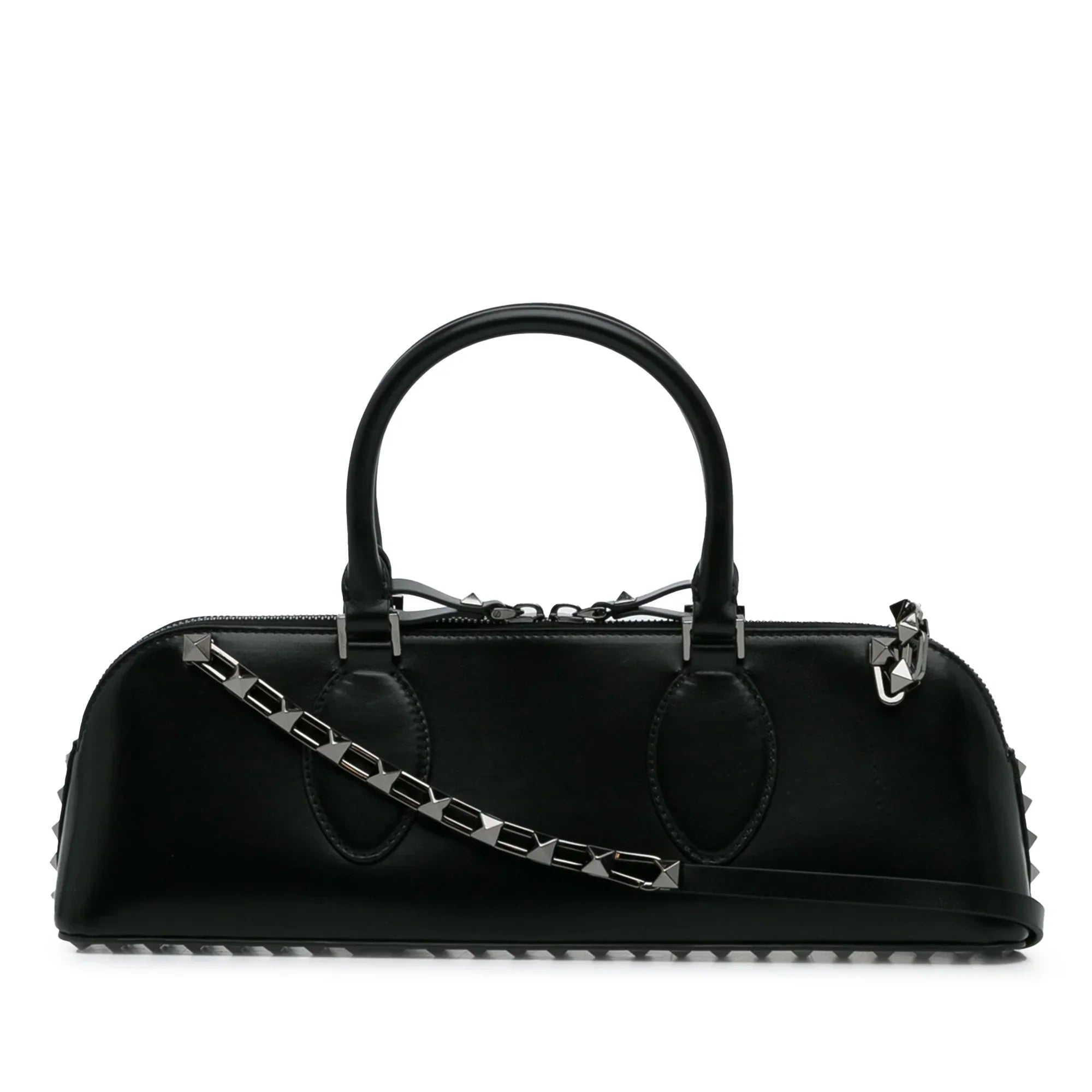 Pre-Owned Authenticated Valentino Rockstud East West Satchel Calf Leather Black Unisex (Good)