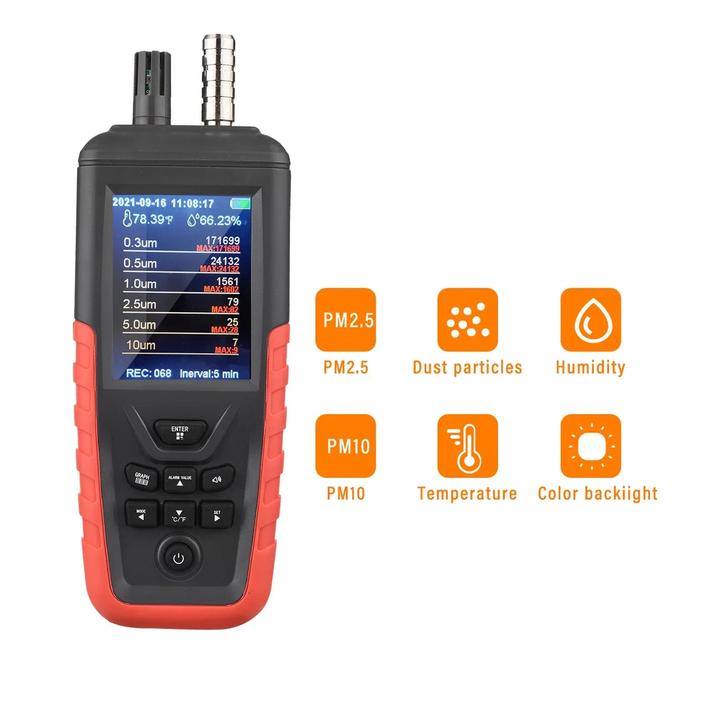 Walmeck Dust Particle Counter 6-Channel 0.3um/ 0.5μm/ 1.0μm/ 2.5μm/ 5.0μm/ 10um PM2.5 PM10 Detector with 3.2-inch Backlight TFT Color Screen Air Quality Tester Temperature Humidity Home Offi