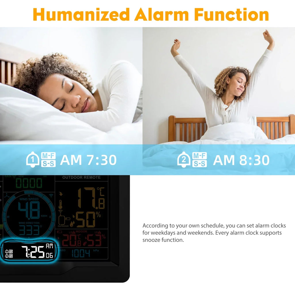 Suzicca Wireless Weather Station Indoor Hygrometer Thermometer Temperature Backlit Humidity Display  Digital Weather Forecast Station Clock Alarm Clock with Sensor USB Port