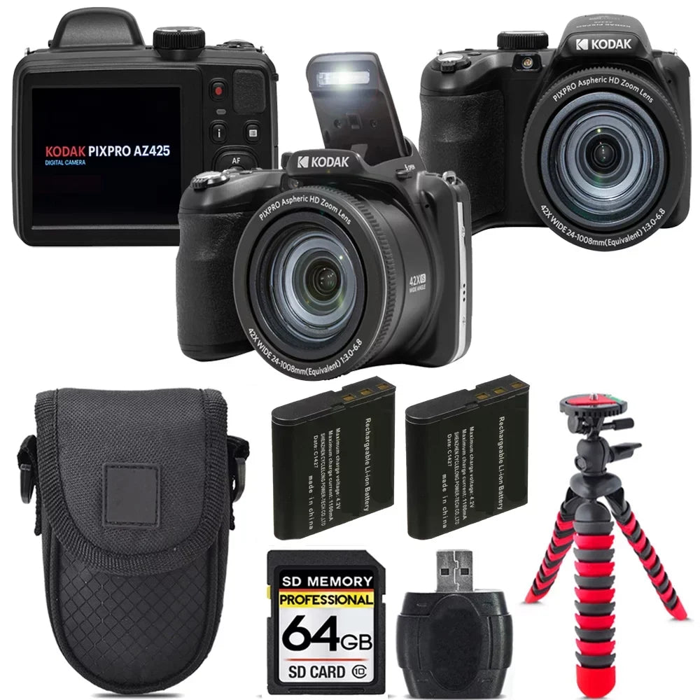Kodak PIXPRO AZ425 Digital Camera (Black) + Extra Battery +Tripod + Case -64GB Kit