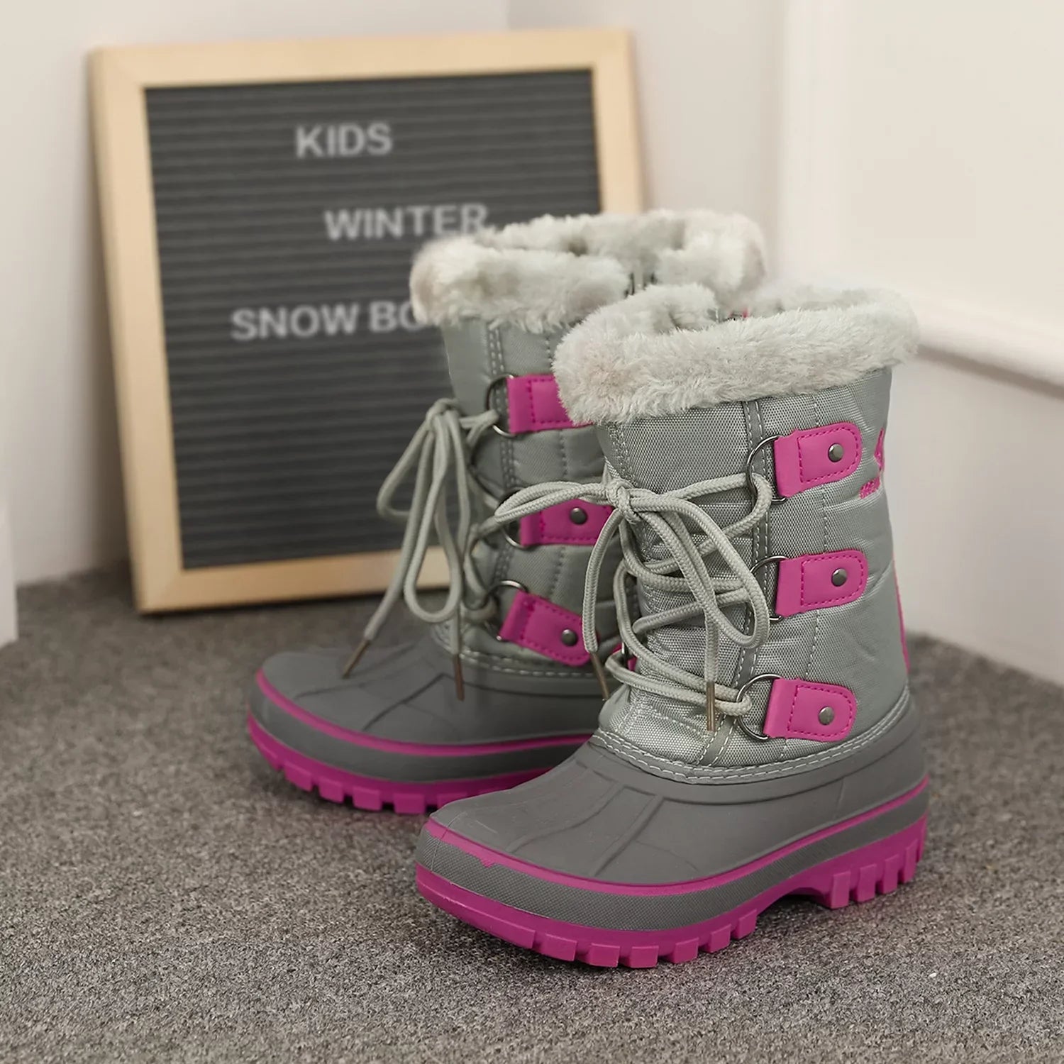 Dream Pairs Boys Girls Toddler Kids Ankle Winter Snow Boots Faux Fur-Lined Soft Boots Shoes Warm FORESTER GREY/FUCHSIA Size 11 little kid