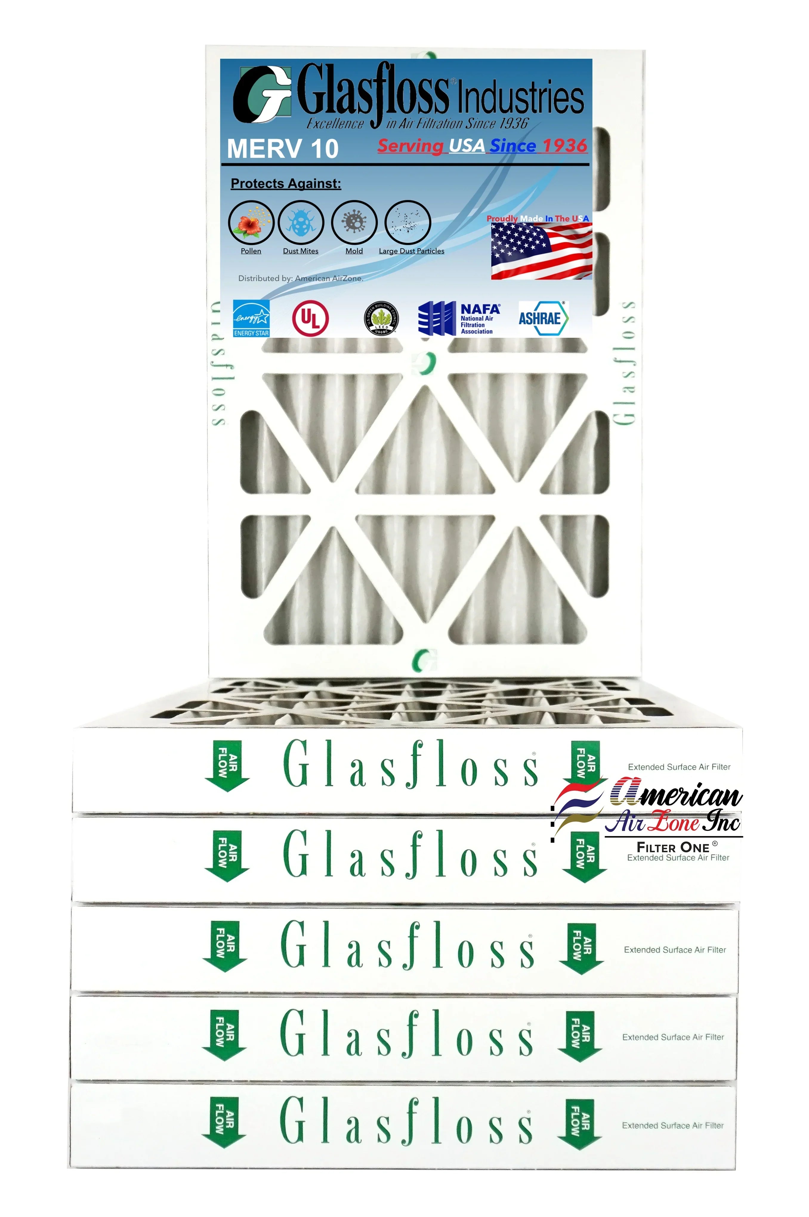 Glasfloss Air Filter 15x20x2 - 2" MERV 10 - (Pack of 6) - Pleated AC or HVAC Air Filter - Furnace Air Filter - Home or Office - Made In The USA.