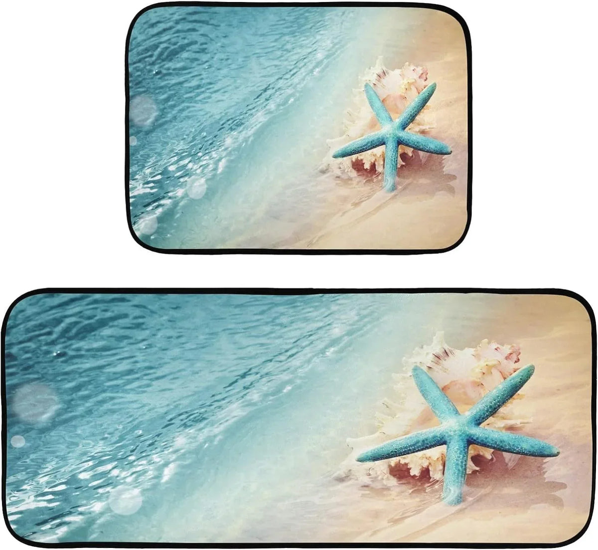 Bestwell Starfish Summer Beach Kitchen Mats and Rugs, Sea Wave Conch Floor Runner Area Rug Washable Carpet Perfect for Living Room Bedroom Entryway, 19.7"x27.6" + 19.7"x47.2"