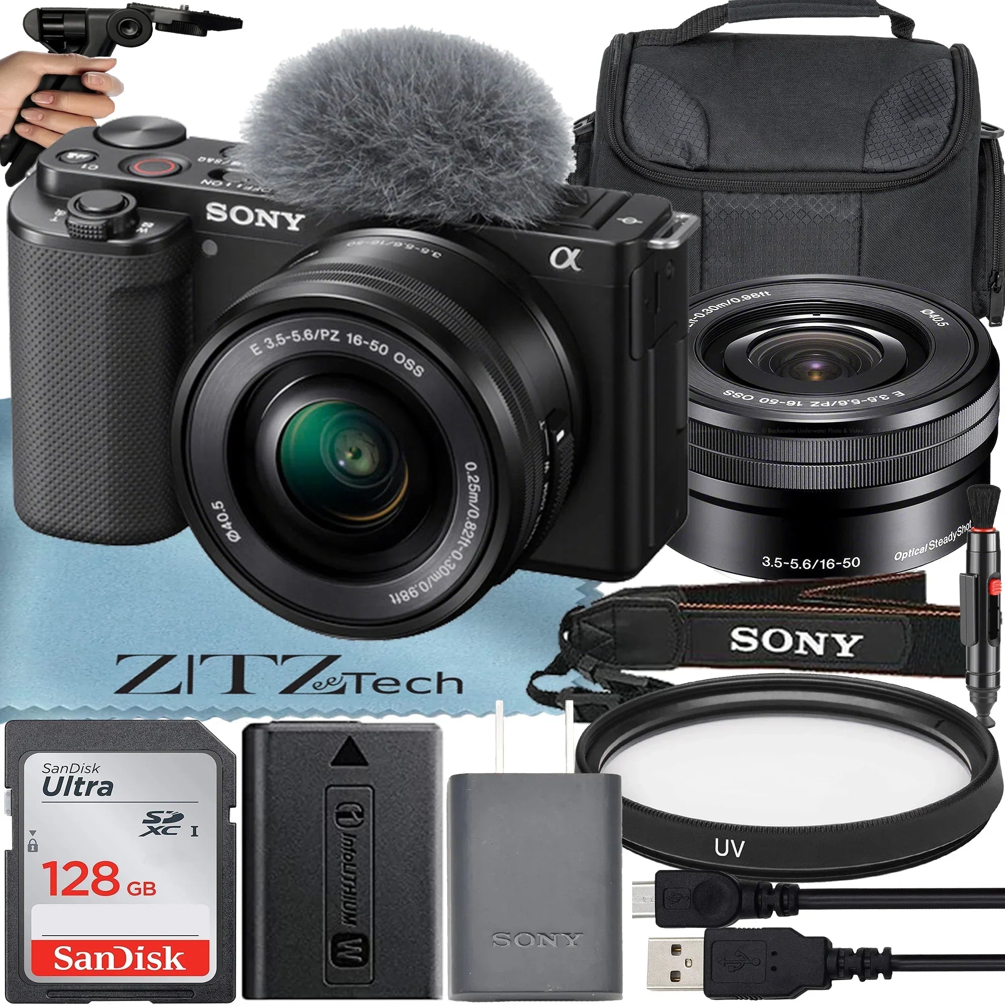 Sony Alpha ZV-E10 Mirrorless Vlog Camera With 16-50mm Lens + 128GB Memory Card + Tripod + Case + ZeeTech Accessory Bundle (Black)