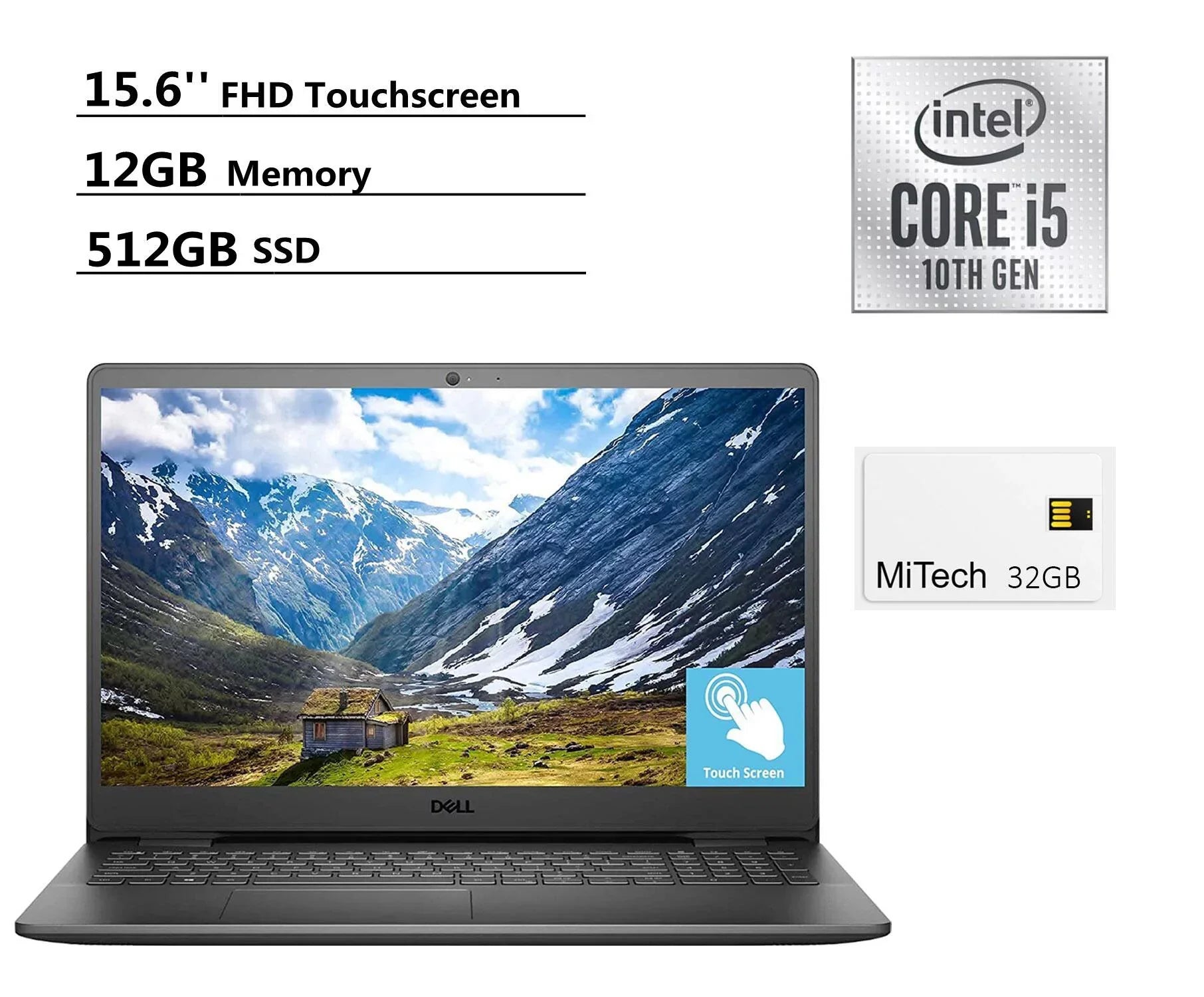 Dell Inspiron 15.6"FHD Touch Laptop, Intel Core i5-1035G1, 12GB DDR4 RAM, 512GB SSD, Webcam, WiFi, HDMI, Bluetooth, with MiTech 32GB USB Card, Windows 10, Black