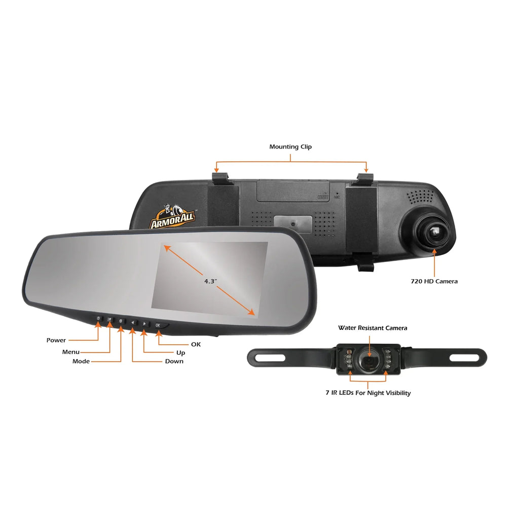 Armor All 720P HD Rearview Mirror Dash and Backup Camera, 4.3 Inch LCD Screen, Instant Motion Direction/Field Of View, 16GB Storage Card Included