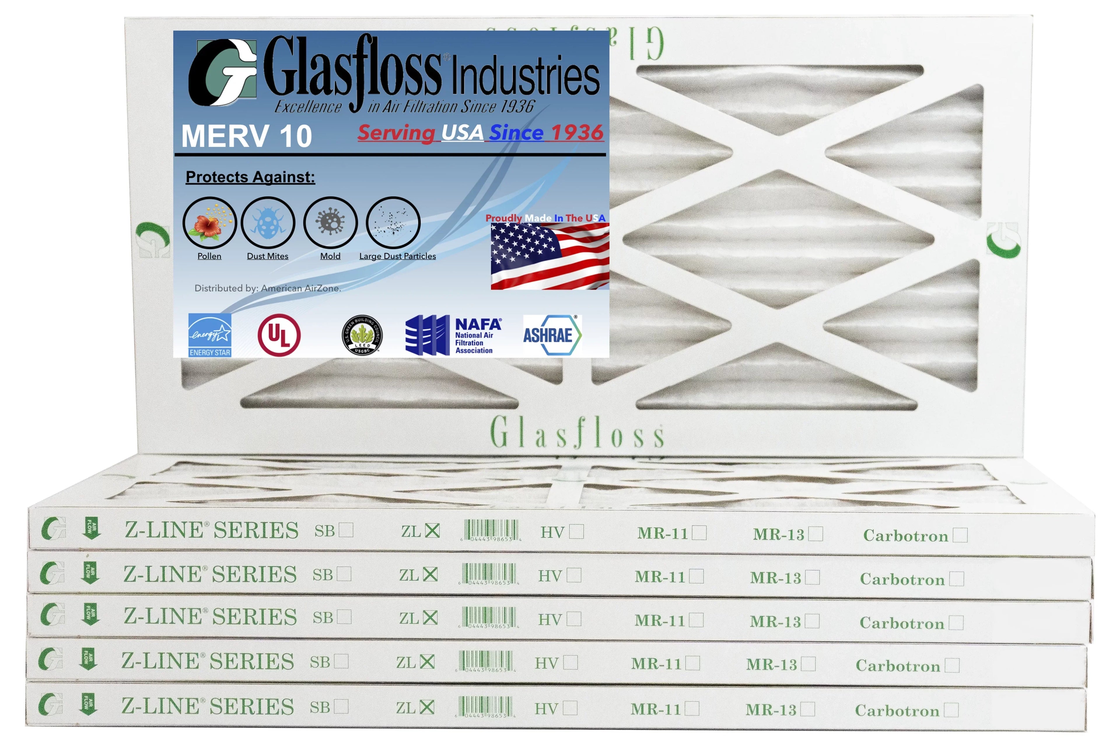 Glasfloss 8x20x1 - MERV 10 -Qty:6 - Furnace Air Filter - Made in USA (Actual Size: 7.5 x 19.5x7/8 inch)