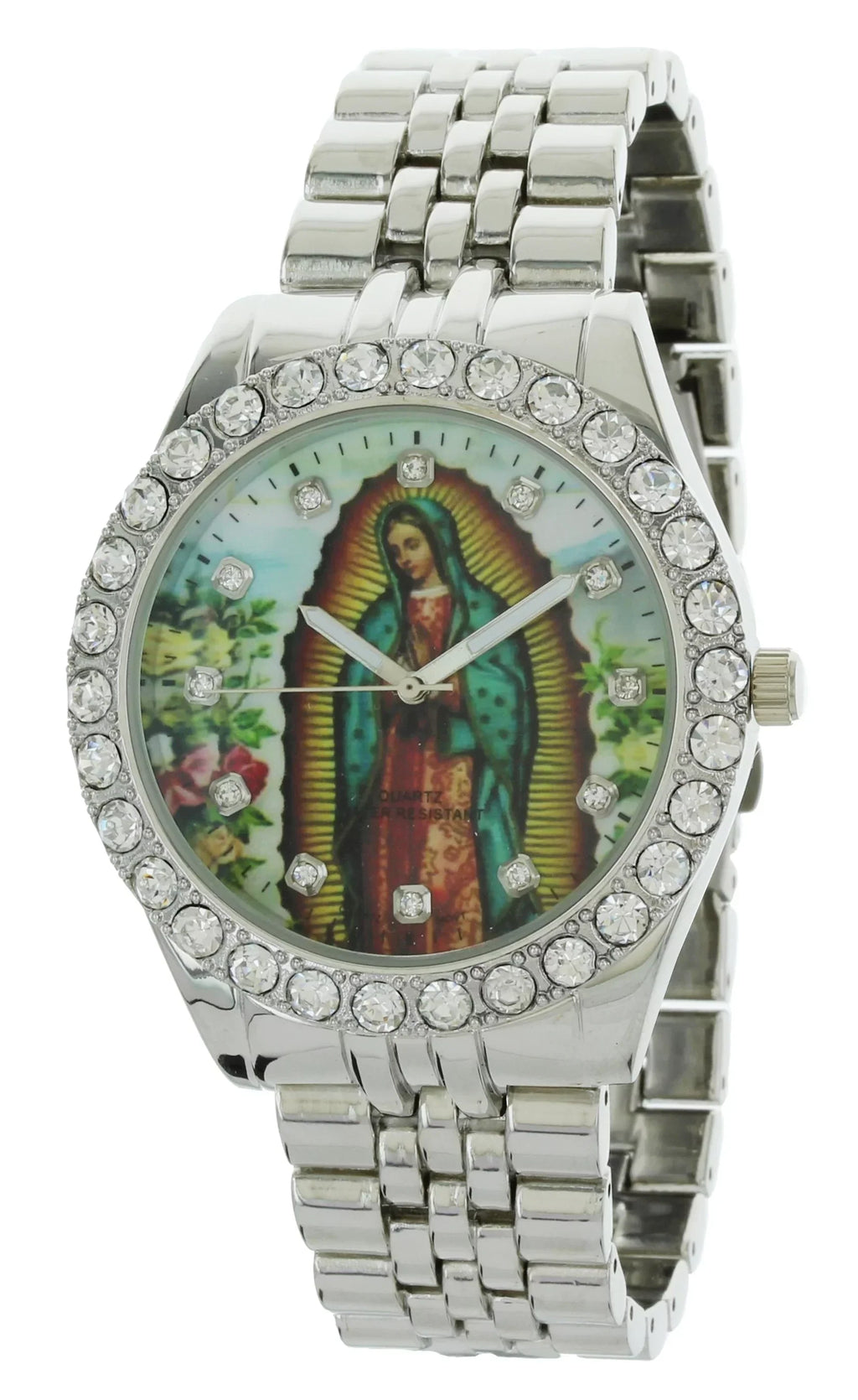 Men's Our Lady of Guadalupe Silver-Tone Metal Bracelet Watch with Neckless and Cross Pendent Set