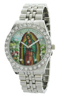 Men's Our Lady of Guadalupe Silver-Tone Metal Bracelet Watch with Neckless and Cross Pendent Set