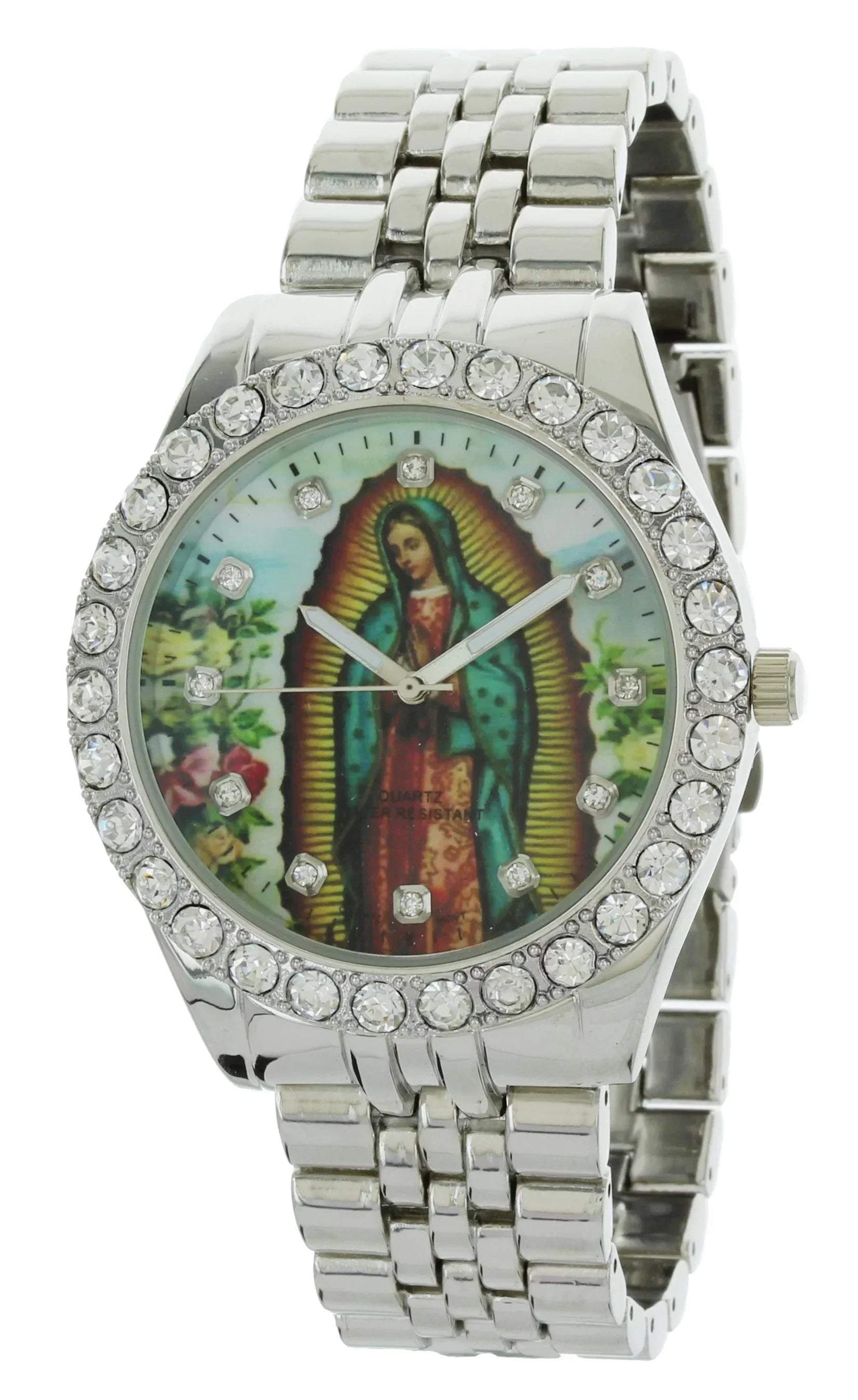 Men's Our Lady of Guadalupe Silver-Tone Metal Bracelet Watch with Neckless and Cross Pendent Set