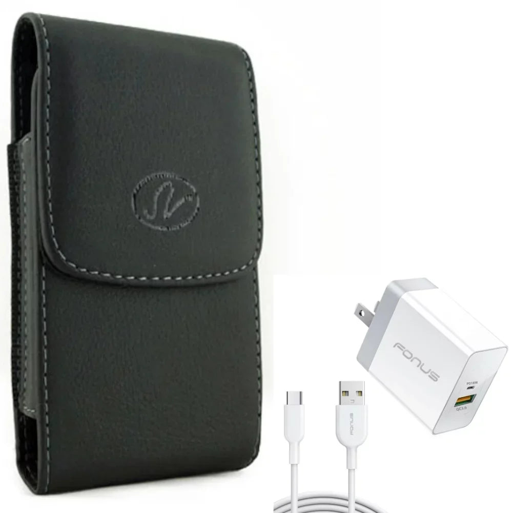 Holster Leather Case Belt Clip w 6ft Long Cable Fast Type-C 36W PD Home Charger for LG Stylo 4 Plus, Harmony 4 - Lively Jitterbug Smart3 - Motorola One Zoom, Moto Z4 Z3 Play Z2 Play