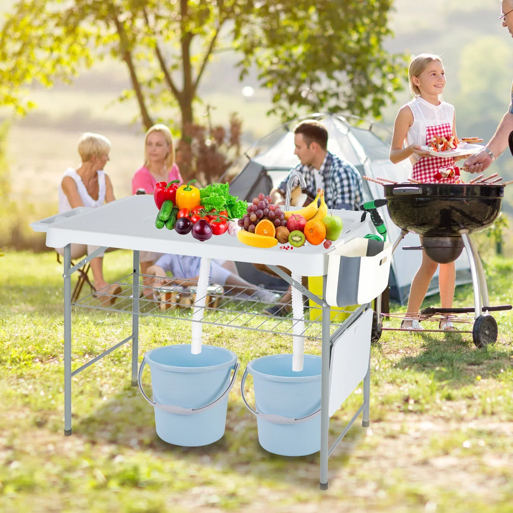 REDCAMP Folding Fish Cleaning Table with 2 Sinks and Sprayer, Outdoor Camping Sink Station w/ Flexible Faucet/Drainage Hoses/Rack/Basket, Portable Camping Table for Garden Beach Patio Picnic