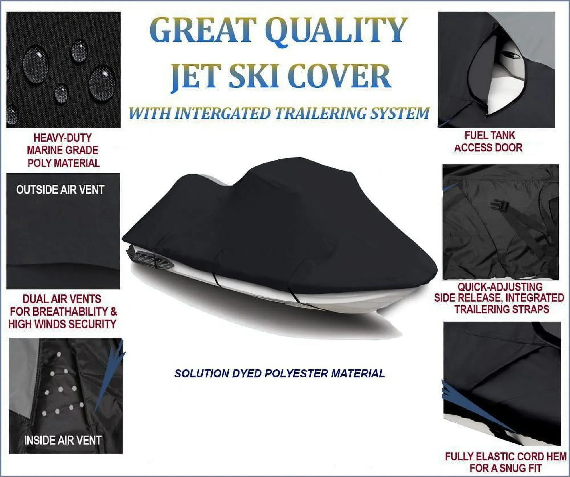 BLACK 600 DENIER JetSki Cover Compatible for Sea Doo Sea-Doo GTI SE 130 2011 2012 2013 2014 2015 2016 2017 2018 2019 2020 2021 2022 Jet Ski Cover PWC Cover