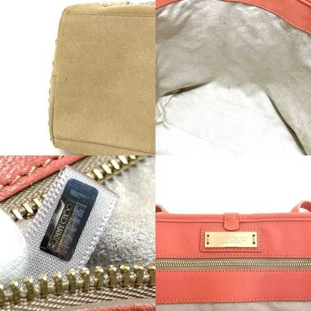 Pre-Owned Jimmy Choo Tote Bag Beige Pink Silver Sarah Studs Star Canvas Leather Women's (Good)