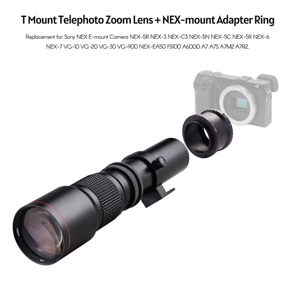 Aibecy 500mm F/8.0-32 Multi Coated Super Telephoto Lens Manual Zoom + T-Mount to NEX E-Mount Adapter Ring Kit Replacement for Sony A9 A7 A7R A7S A5000 A6000 A6500 NEX-7 NEX-5 NEX-6 Cameras