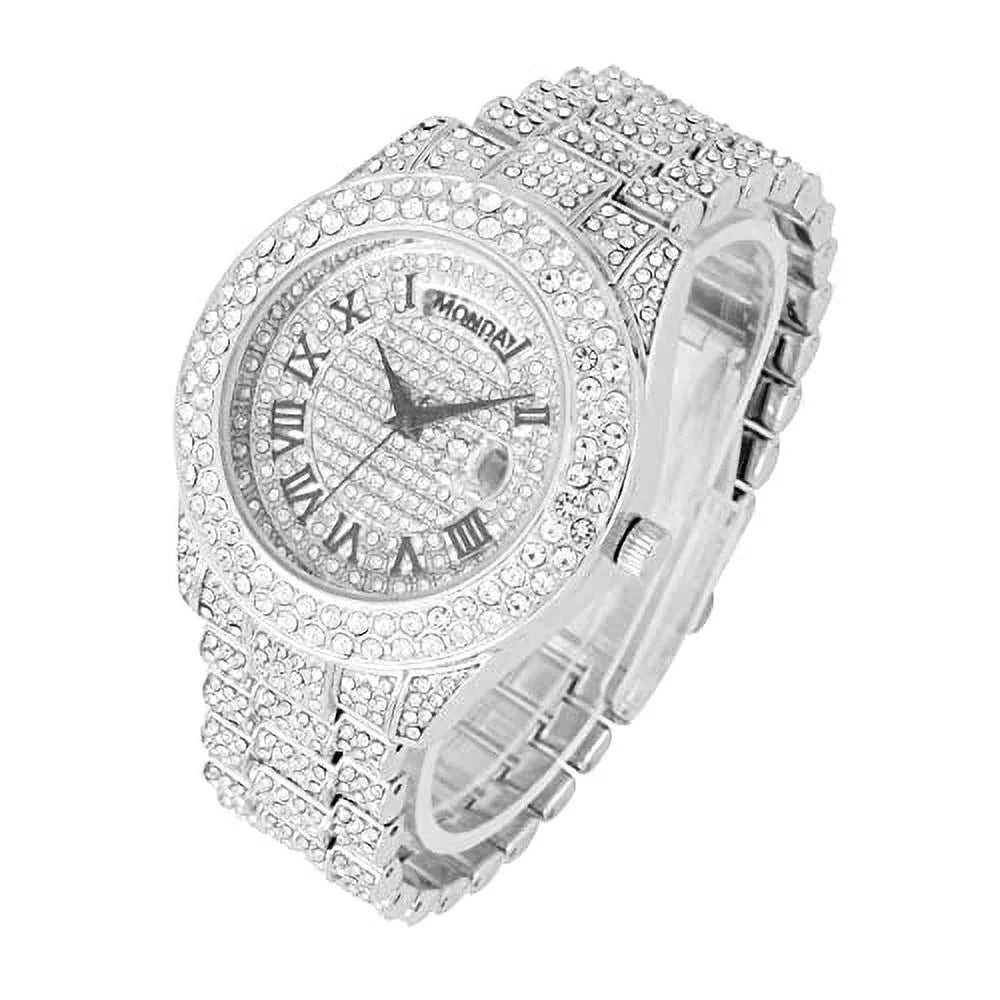 Charles Raymond Big Rocks Fully Iced Out Diamond Mens Watch w/Easy Read Date &Day and Colorful Dials- Designer Hip Hop Blinged Out Timepiece - ST10535 (ST10535-RN Silver)