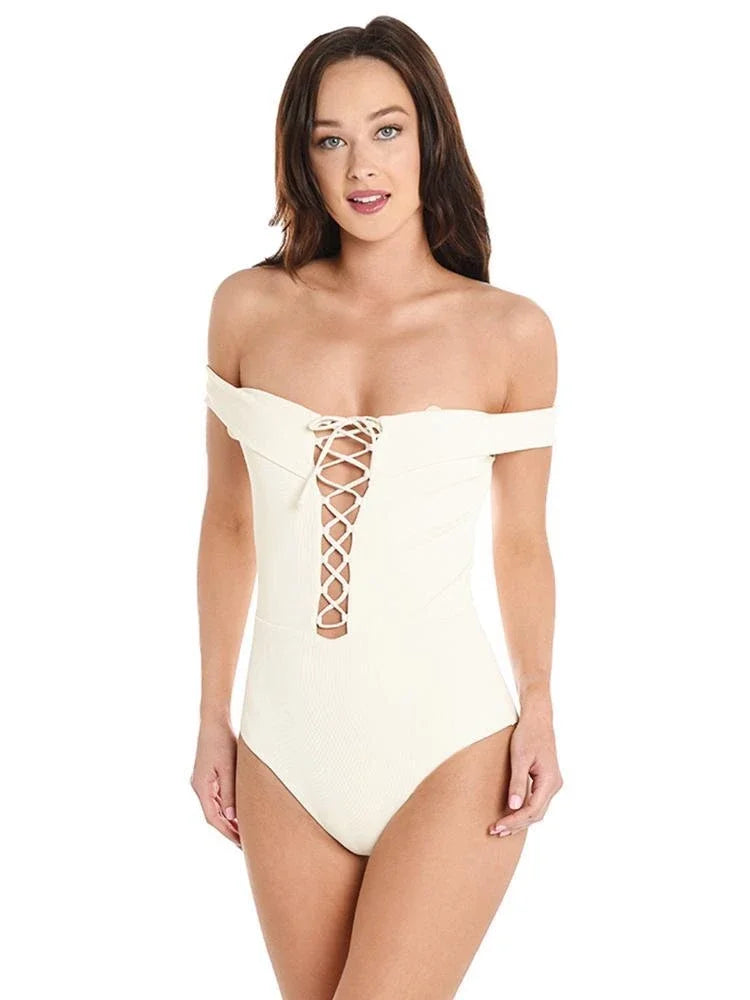 L*Space CREAM Anja Lace-Up Bandeau One Piece Swimsuit, US 6